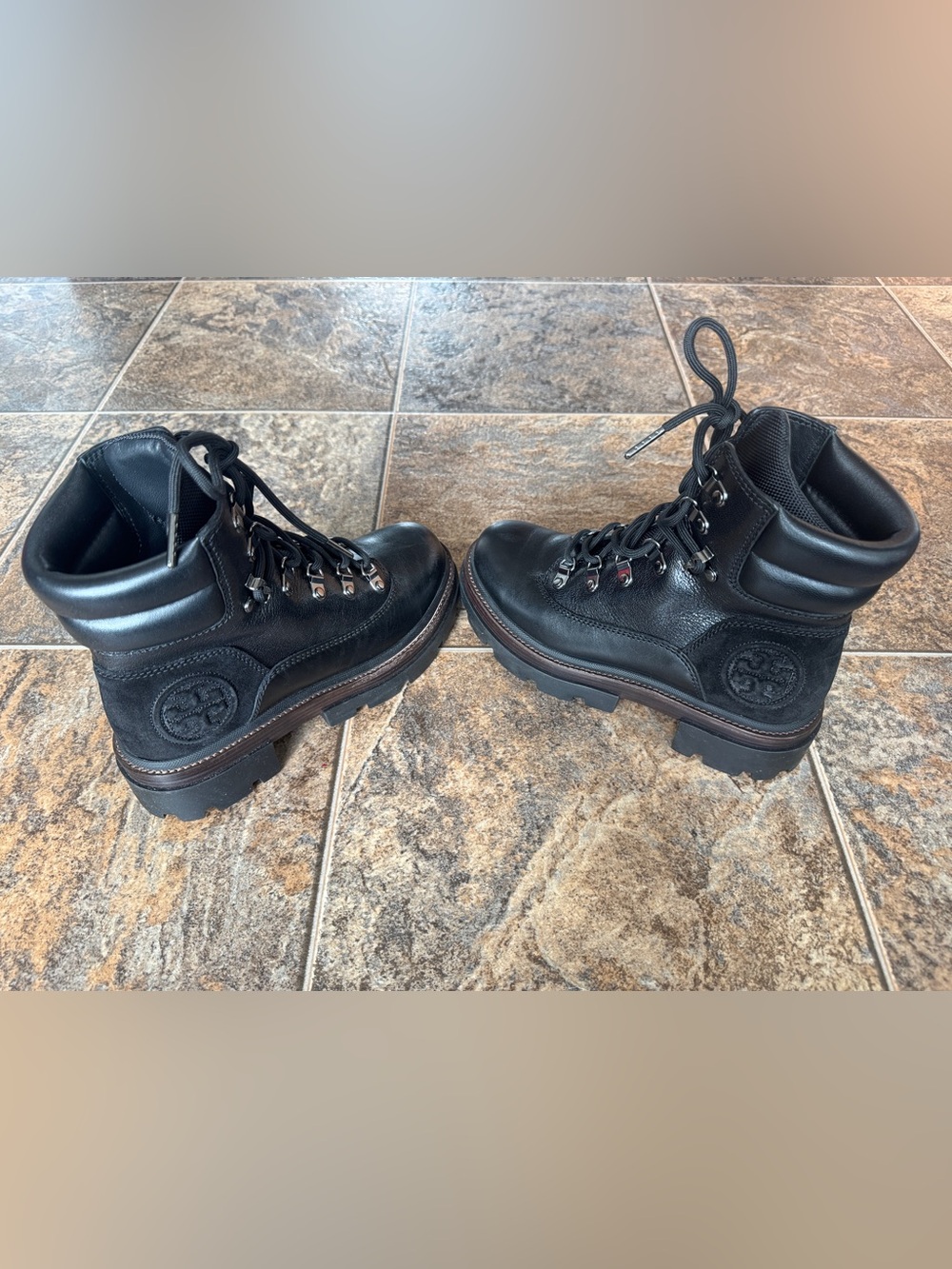 Tory Burch Miller Lug Leather Suede Logo Hiker Boots- Black, Women’s Size 6M